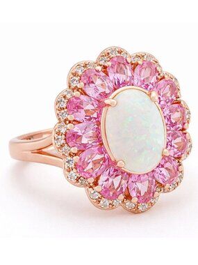 Genuine Opal & Lab Pink & White Sapphires Ring 14k Rose Gold Plated (.925)